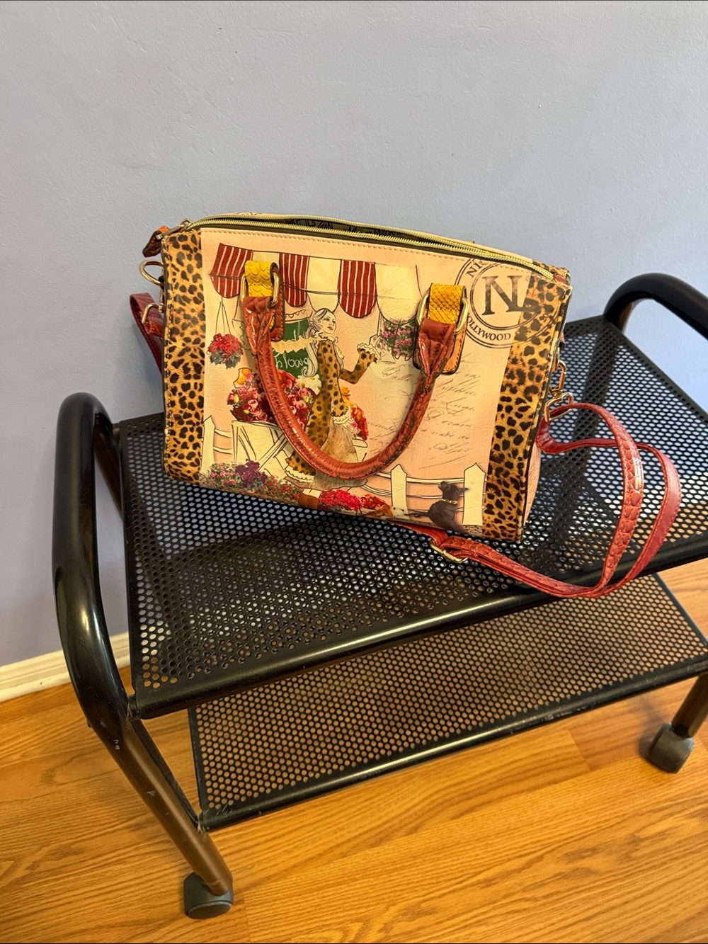 Nicole Lee Pink and Brown Printed Satchel with Leopard Trim